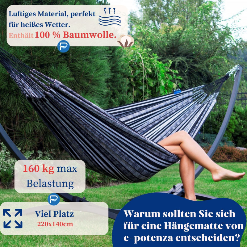 Potenza Pereira Hängematte mit Gestell – 220kg für 2 Personen I Hängematte - 220x140, 160kg I Zebra