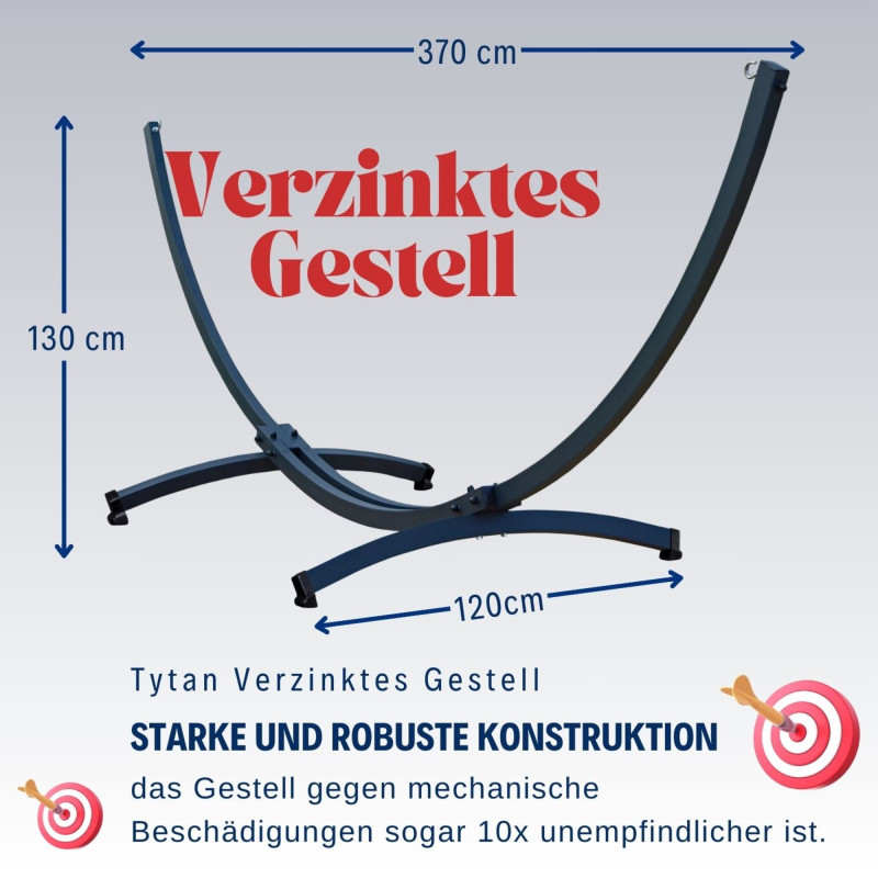 Potenza Panama Stabhängematte mit Verzinkter Tytan Gestell für 2 Personen – 350kg I Hängematte- 210x140, 200kg I Blau