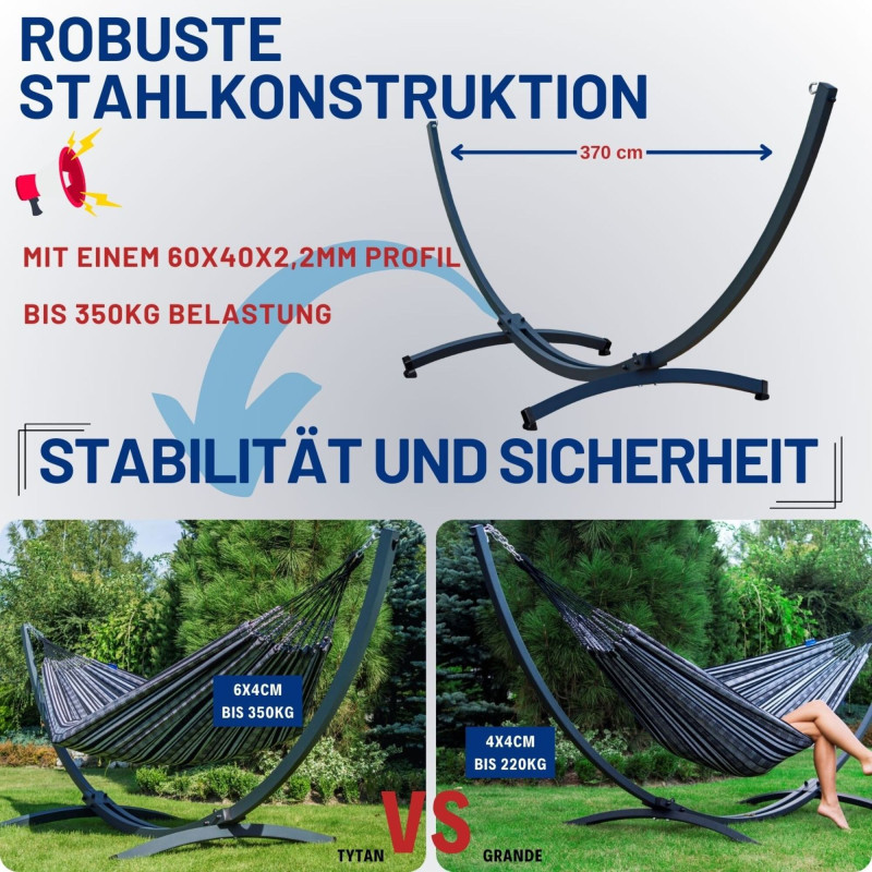 Potenza Hängematte mit Gestell für 2 Personen I Atlanta Stabhängematte XXL 210x140 cm 200kg I Tytan Hängemattengestell 350kg