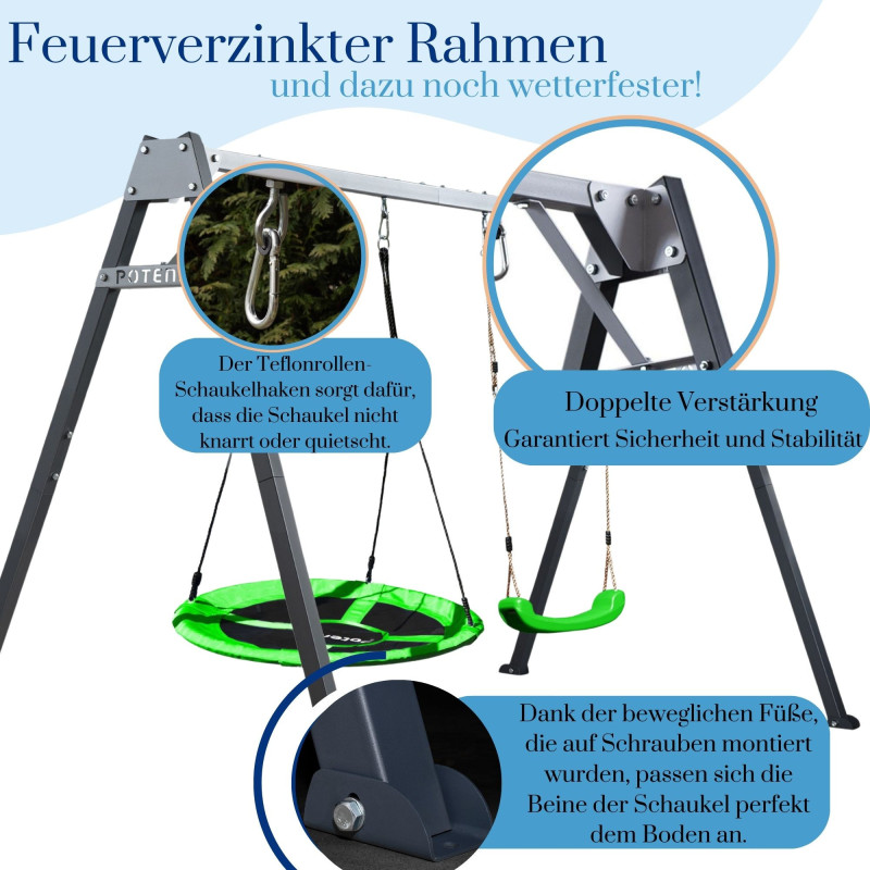 Potenza Kinderschaukel Verzinktes Schaukelgestell Doppelschaukel für Kinder und Hängematte