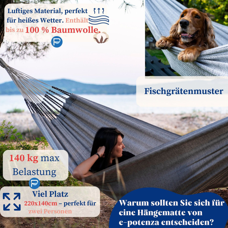 Potenza Medelin Hängematte 220 x 140 cm, Belastbarkeit bis 160 kg, 100% Baumwolle I Kaffee