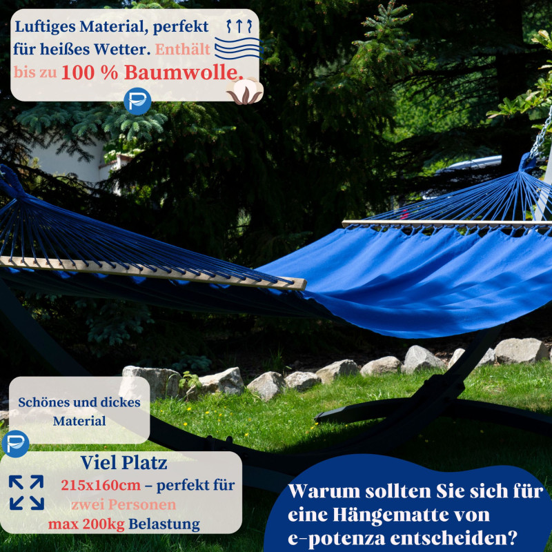 Potenza Stabhängematte Merida 215x160cm für 2 Personen Hängematte 100% Baumwolle, Belastbarkeit bis 200 kg I Silver